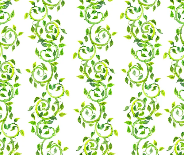 Seamless background - ornament with green scrolls and leaves. Watercolor — Stock Photo, Image