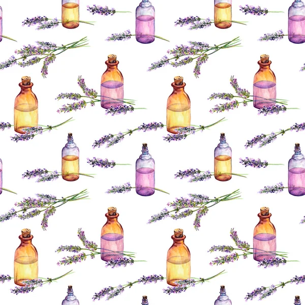 Flores de lavanda, botellas de perfume de aceite. Patrón sin costuras para masajes, medicina alternativa. Acuarela —  Fotos de Stock