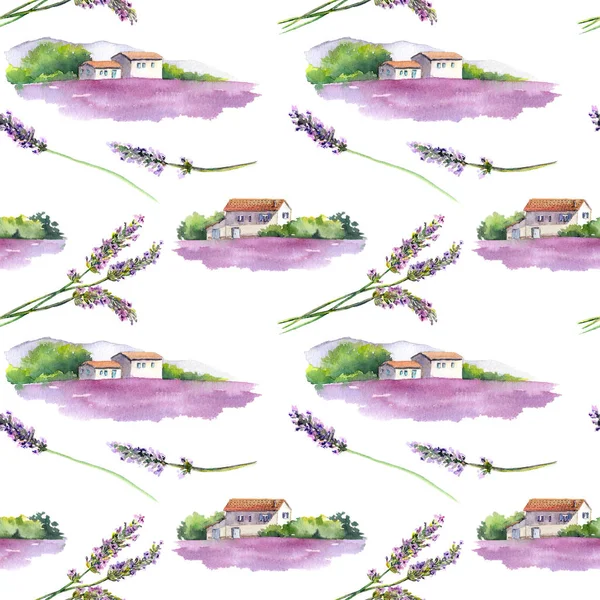 薰衣草花田，普罗旺斯，法国普罗旺斯农村房屋。无缝背景。水彩 — 图库照片