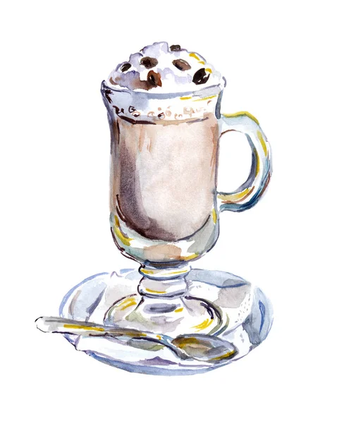 Watercolor painted glass of coffee with foam — Stock Photo, Image