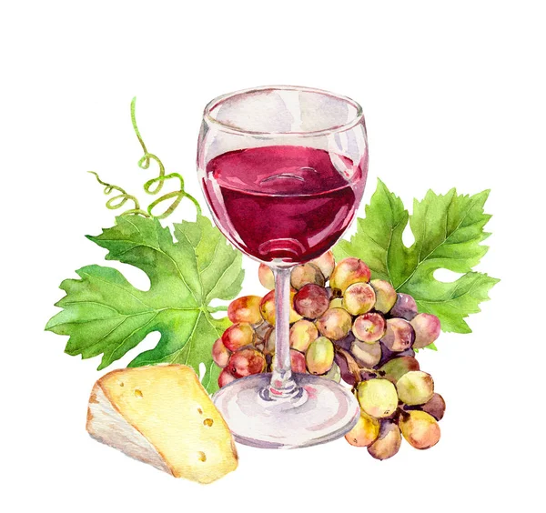 Copa de vino tinto con hojas de vid, queso, bayas de uva. Acuarela — Foto de Stock