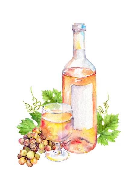 Wine glass, bottle of white wine with vine leaves and grape berries. Watercolor — Stock Photo, Image