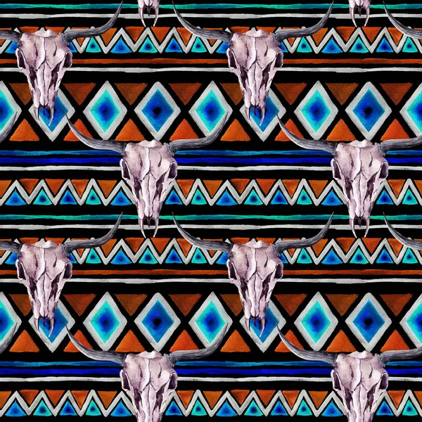 Tribal pattern - animal skull. Seamless background with trendy tribal design. Watercolor