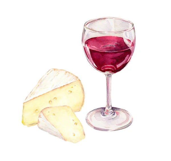 Kaas en rode wijnglas. Water kleur — Stockfoto