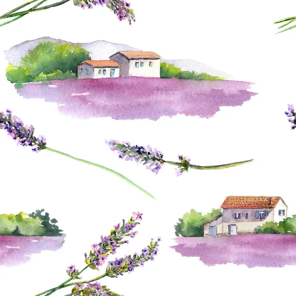 薰衣草花田，普罗旺斯，法国普罗旺斯农村房屋。老式的无缝模式。水彩 — 图库照片