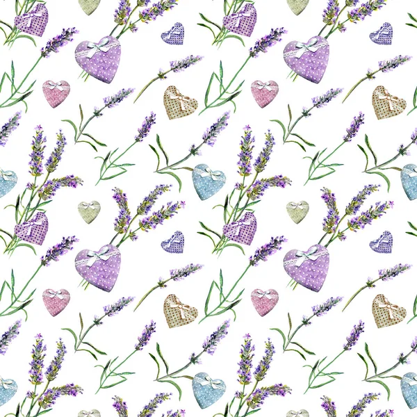 Lavender flowers, hearts. Seamless pattern. Watercolor — Stock Photo, Image