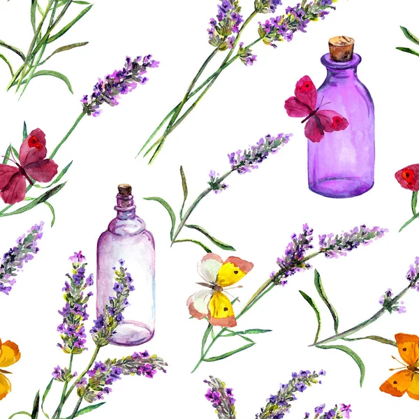 Flores de lavanda, frascos de perfume de aceite, mariposas. Patrón repetitivo para cosméticos, perfumes, diseño de belleza. Acuarela vintage — Foto de Stock