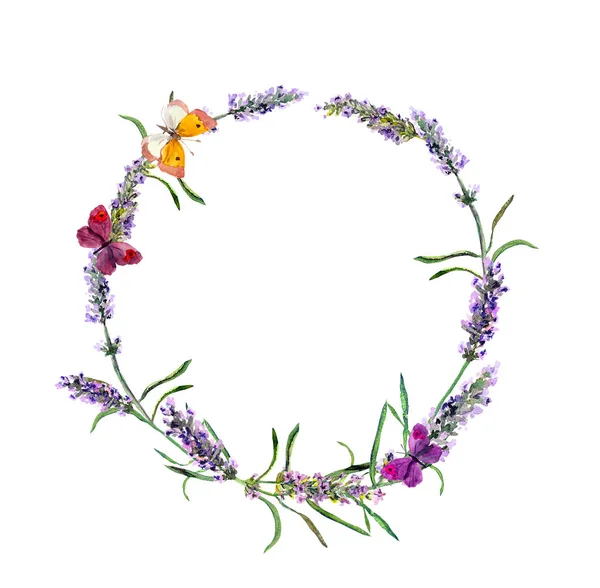 Corona de flores de lavanda, mariposas. Acuarela — Foto de Stock