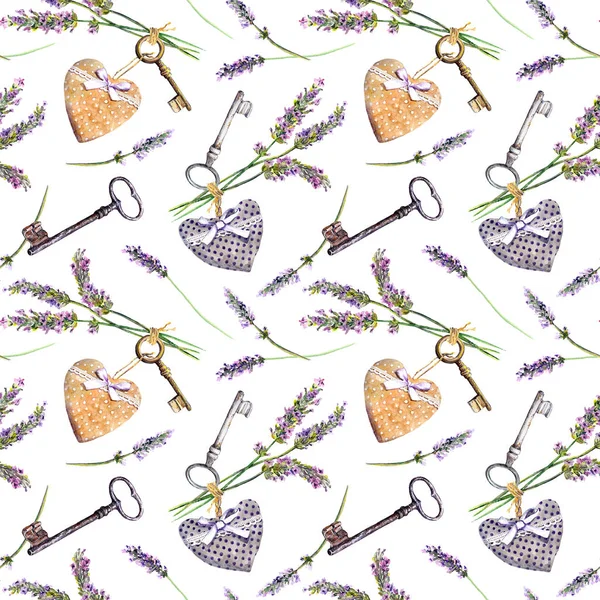 Provencal background - lavender flowers, old keys, textile hearts. Seamless pattern, rural style of Provence. Watercolor — Stock Photo, Image