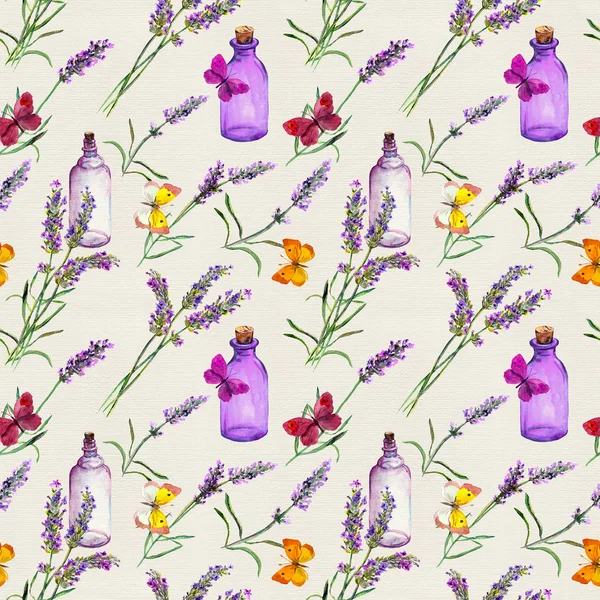 Lavendel blommor, oljeflaskor, fjärilar. Seamless mönster för skönhet design. Akvarell — Stockfoto