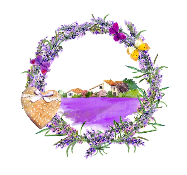 Flores de lavanda, mariposas, corazón, escena pacífica casa de pueblo, campo de lavanda. Etiqueta de acuarela en estilo provenzal vintage —  Fotos de Stock