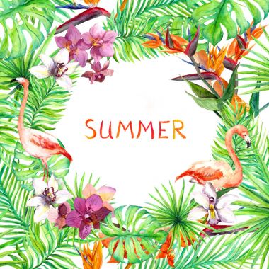 Tropikal orman yaprakları, flamingo, egzotik çiçekler. Orman kartı veya poster tasarımı. Suluboya