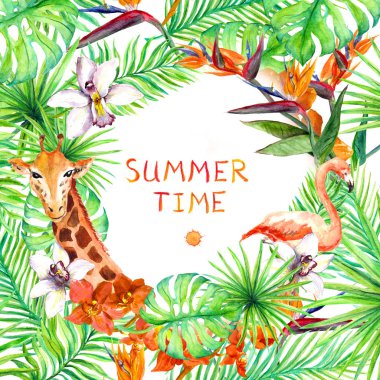 Tropikal orman yaprakları, egzotik çiçekler, flamingo, zürafa. Yaban hayatı kartı, afiş tasarımı. Suluboya