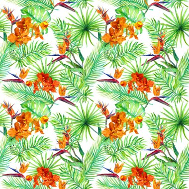 Tropikal yaprak, egzotik çiçekler - kuş çiçeği, orkide. Seamless modeli. Suluboya