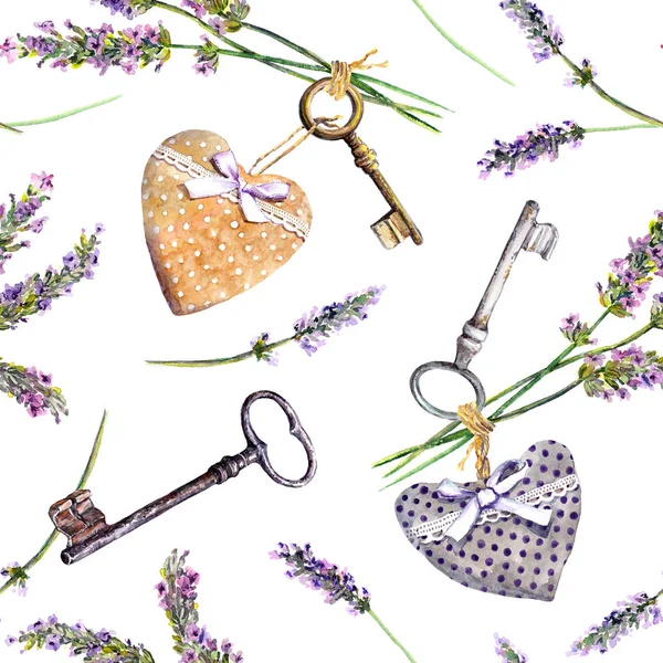 French rural background - lavender flowers, vintage keys, textile hearts. Seamless pattern, country style of Provence. Watercolor