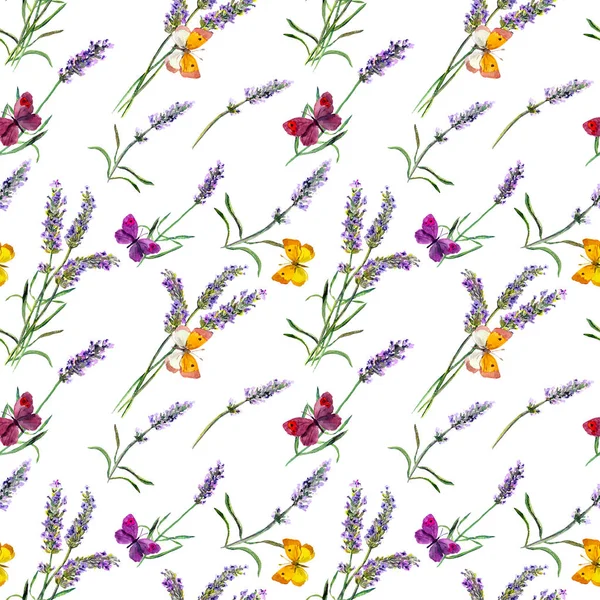 Lavendel bloemen, vlinders. Aquarel naadloze patroon — Stockfoto