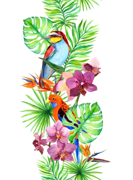 Tropikalne liście, egzotyczne papuga ptak, Kwiaty orchidei. Bezszwowe granica. Woda kolor ramki — Zdjęcie stockowe