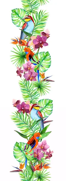 Trópusi zöld, egzotikus papagáj madarak, orchidea virág. Ismétlődő határ. Akvarell képkeret — Stock Fotó