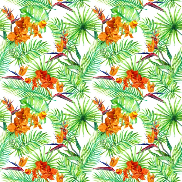 Tropical leaves, exotic flowers - bird flower, orchid. Seamless pattern. Watercolor