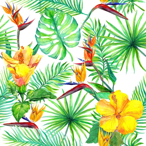 熱帯の葉、エキゾチックな花。シームレスなジャングル パターン。水彩 — ストック写真