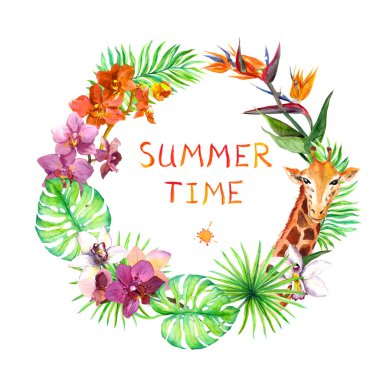 Tropikal yaprak, zürafa hayvan, kuş, orkide çiçek papağan. Çelenk çerçeve. Suluboya