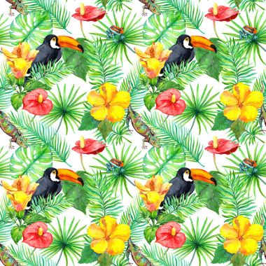 Tukan, gecko, tropikal yapraklar, egzotik çiçekler. Sorunsuz orman desen. Suluboya