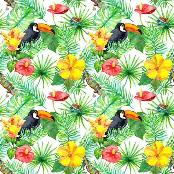 Tukan, Gecko, tropische Blätter, exotische Blumen. nahtloses Dschungel-Muster. Aquarell — Stockfoto