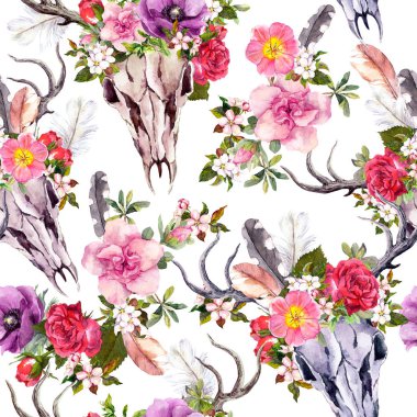 Geyik kafatasları ve çiçekler. Seamless modeli. Suluboya