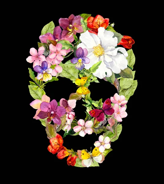 Floral κρανίο με vintage λουλούδια. Ακουαρέλα Απόκριες — Φωτογραφία Αρχείου