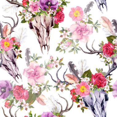 Geyik kafatasları aflowers. Seamless modeli. Suluboya