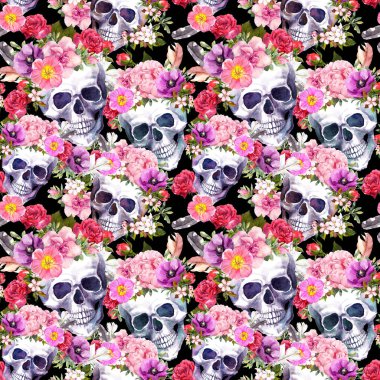 İnsan kafatasları, çiçekler. Seamless modeli. Suluboya