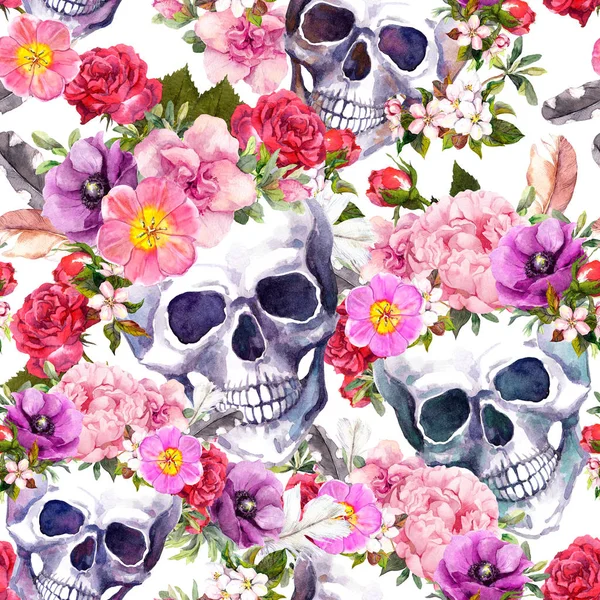 Human skulls, flowers. Seamless pattern. Watercolor