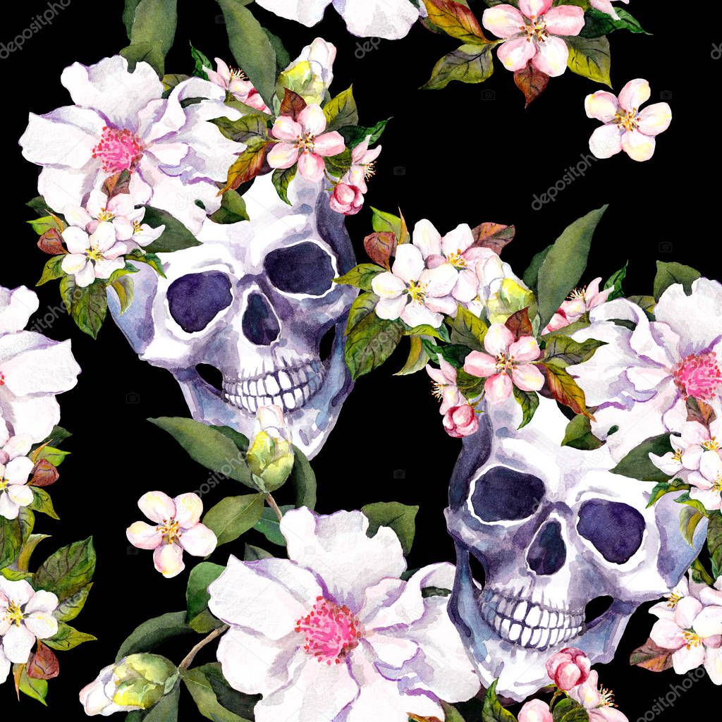 Human skulls, flowers at black background. Seamless pattern. Watercolor
