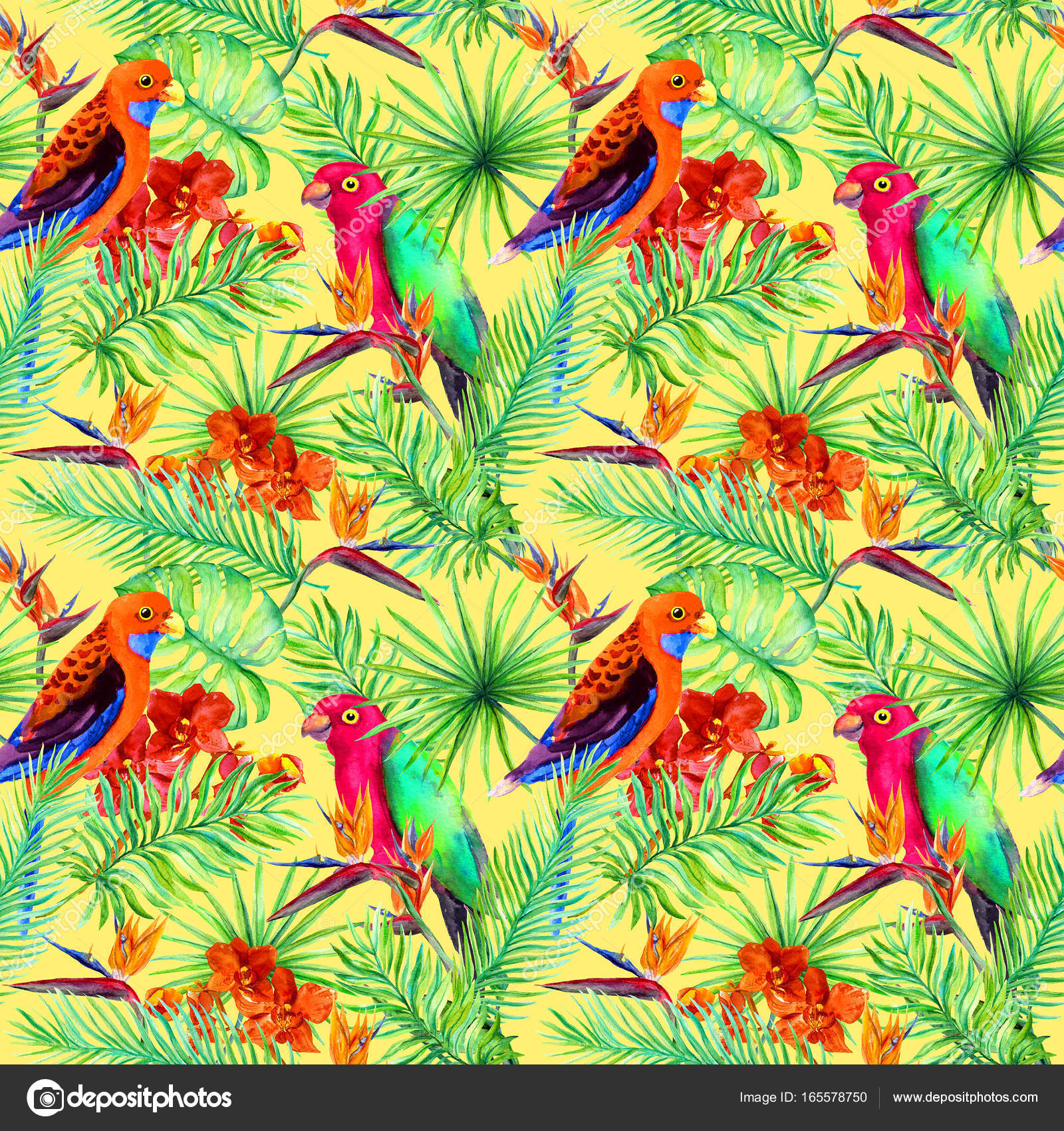 Oiseaux Perroquet Lumineux Arbre Tropical Fleurs Exotiques