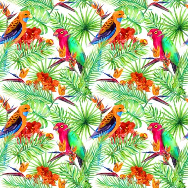 Papağan, egzotik yaprakları, orman çiçekler. Tropikal orman. Yinelenen desen. Suluboya