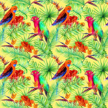 Parlak papağan kuşlar, tropikal ağaç, orman egzotik çiçekler - cennet kuşu çiçeği, orkide. Seamless modeli. Suluboya