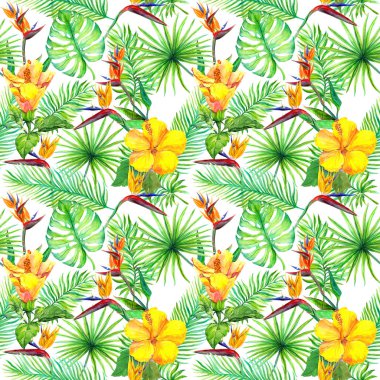 Tropikal yaprak, egzotik çiçekler. Sorunsuz orman desen. Sulu Boya