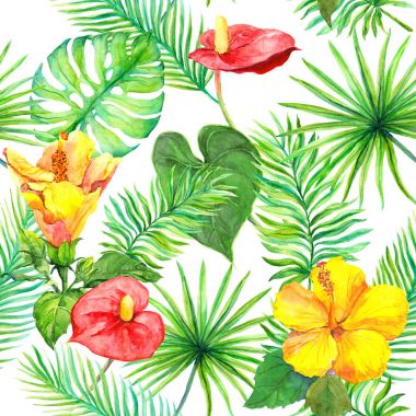 Tropical leaves, exotic flowers. Seamless jungle pattern. Watercolour clipart