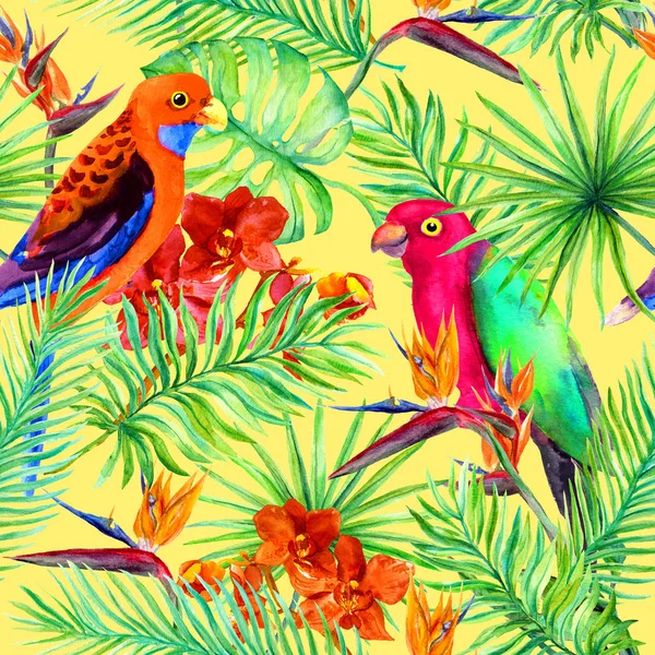 Tropische Papageienvögel, Dschungelblätter, exotische Blumen. nahtloses Muster. Aquarell — Stockfoto