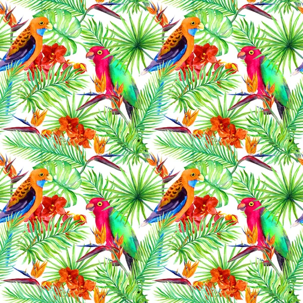 Papegojor, exotiska blad, jungle blommor. Tropisk skog. Upprepande mönster. Akvarell — Stockfoto