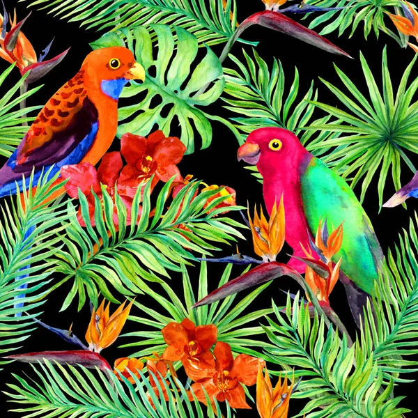 Tropische bladeren, parrot vogels, exotische bloemen. Naadloze jungle patroon op zwarte achtergrond. Aquarel — Stockfoto