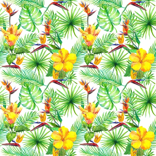 Tropikal yaprak, egzotik çiçekler. Sorunsuz orman desen. Sulu Boya