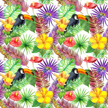 Tukan, gecko, tropikal yapraklar, egzotik çiçekler. Sorunsuz orman desen. Suluboya