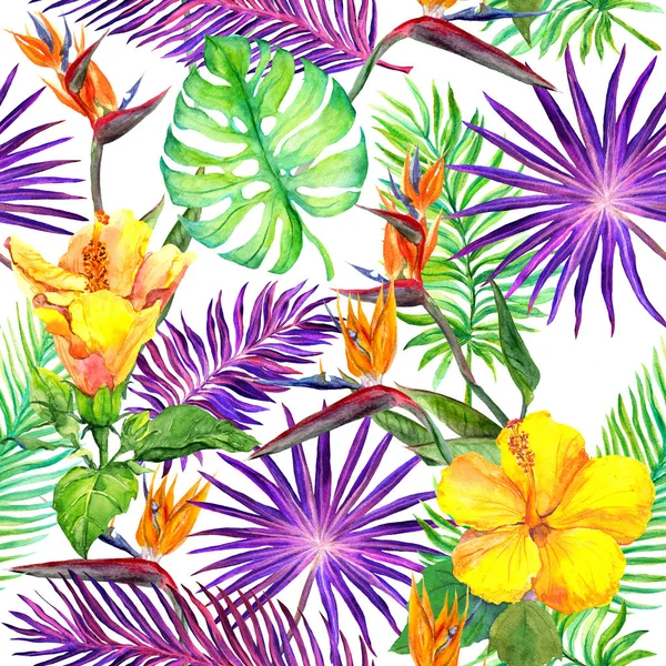 열 대 잎, 이국적인 꽃입니다. 원활한 정글 패턴입니다. 수채화 — 스톡 사진