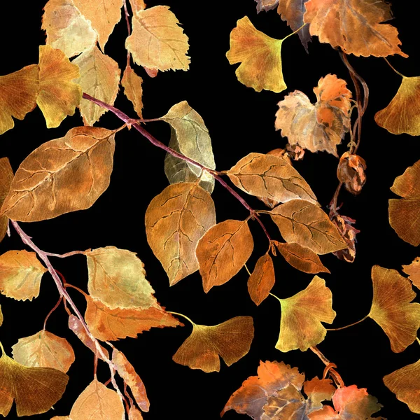 Желтые осенние листья, черный фон. Бесшовный контрастный осенний узор. Акварель — стоковое фото