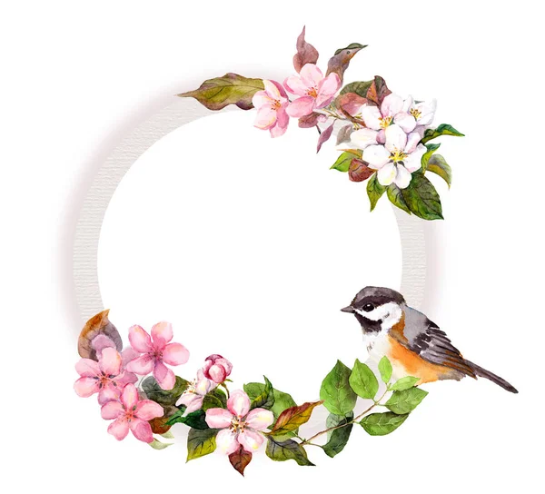 Floral wreath - flowers and bird. Watercolor round border — Stock Photo, Image