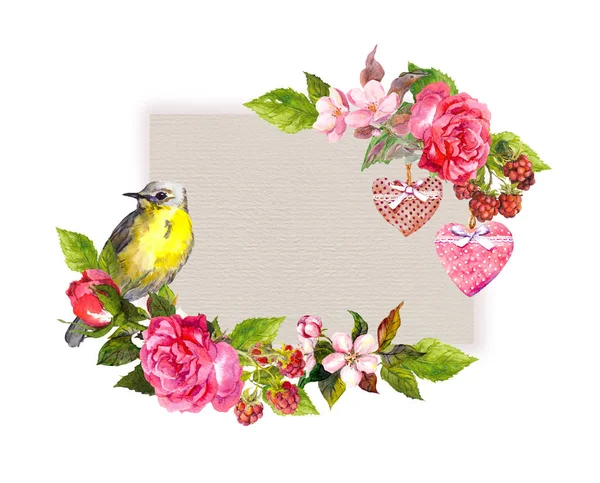 Vintage bloemen kaart voor bruiloft, Valentine ontwerp. Bloemen, rozen, bessen, vintage harten, vogel. Aquarel frame voor opslaan datumtekst — Stockfoto