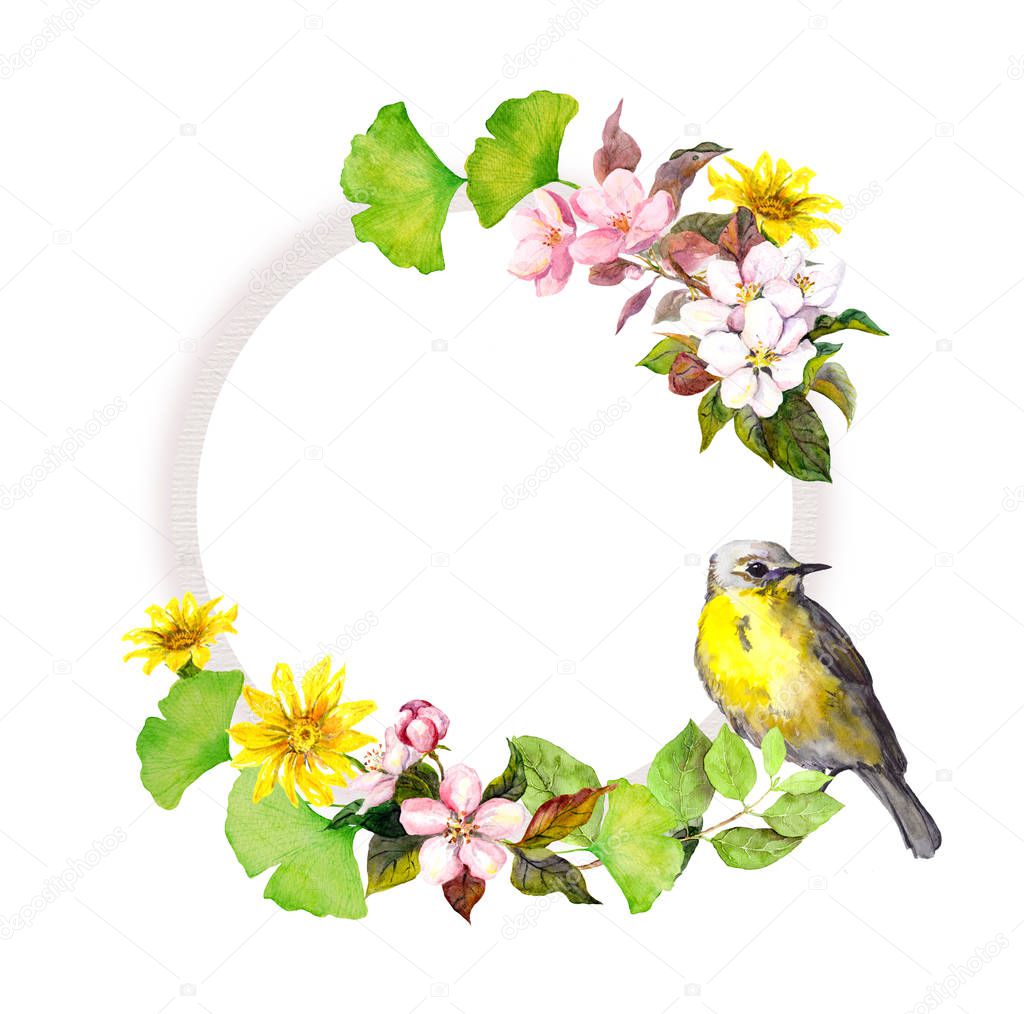 Floral wreath - flowers and bird. Watercolor round frame
