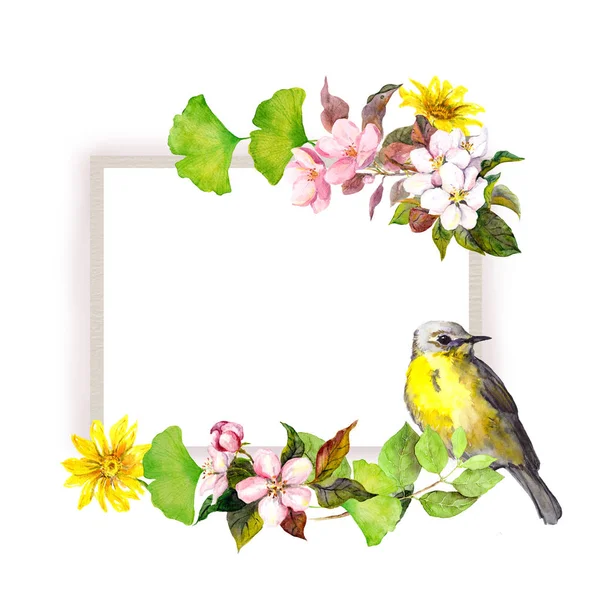 Вінтажний квітковий бордюр - квіти і птахи. Акварельна рамка — стокове фото