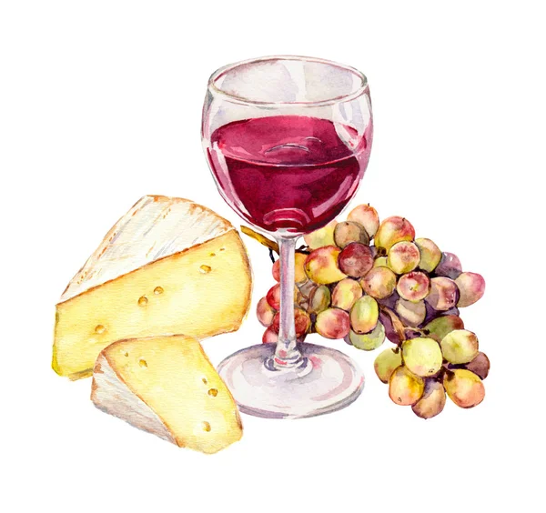 Queso, uva y copa de vino tinto. Acuarela — Foto de Stock